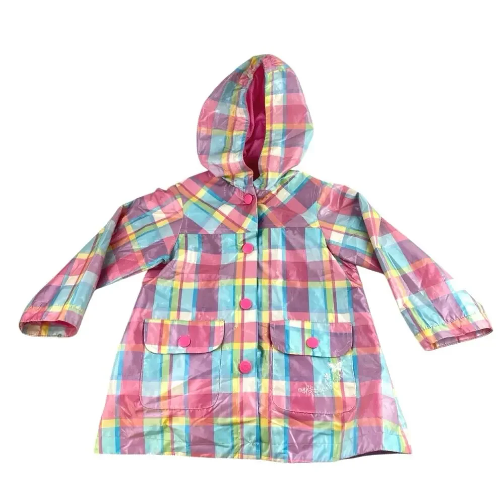 Osh Kosh Kids Girls Pink Plaid Long Sleeve Hoodie Hooded Rain Coat Jacket Size 4